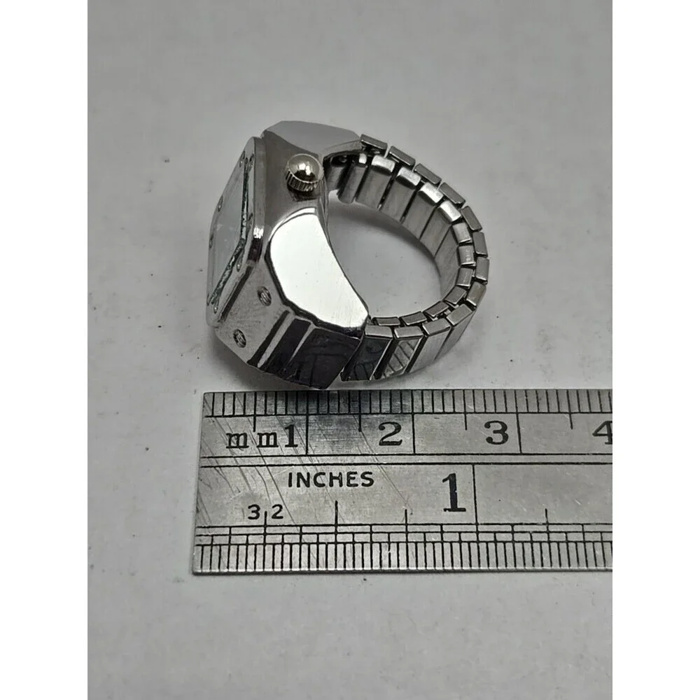 Bozhi Silver Tone Square Quartz Ring Watch Stretch Band Y2K Fashion New Battery